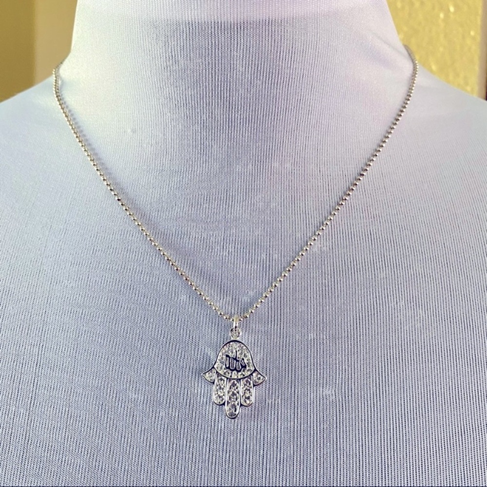 New Hamsa Hand Sterling Silver Pendant and Ball Chain Necklace